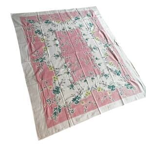 Vintage mid century tablecloth printed cotton pink & white floral cottage chic